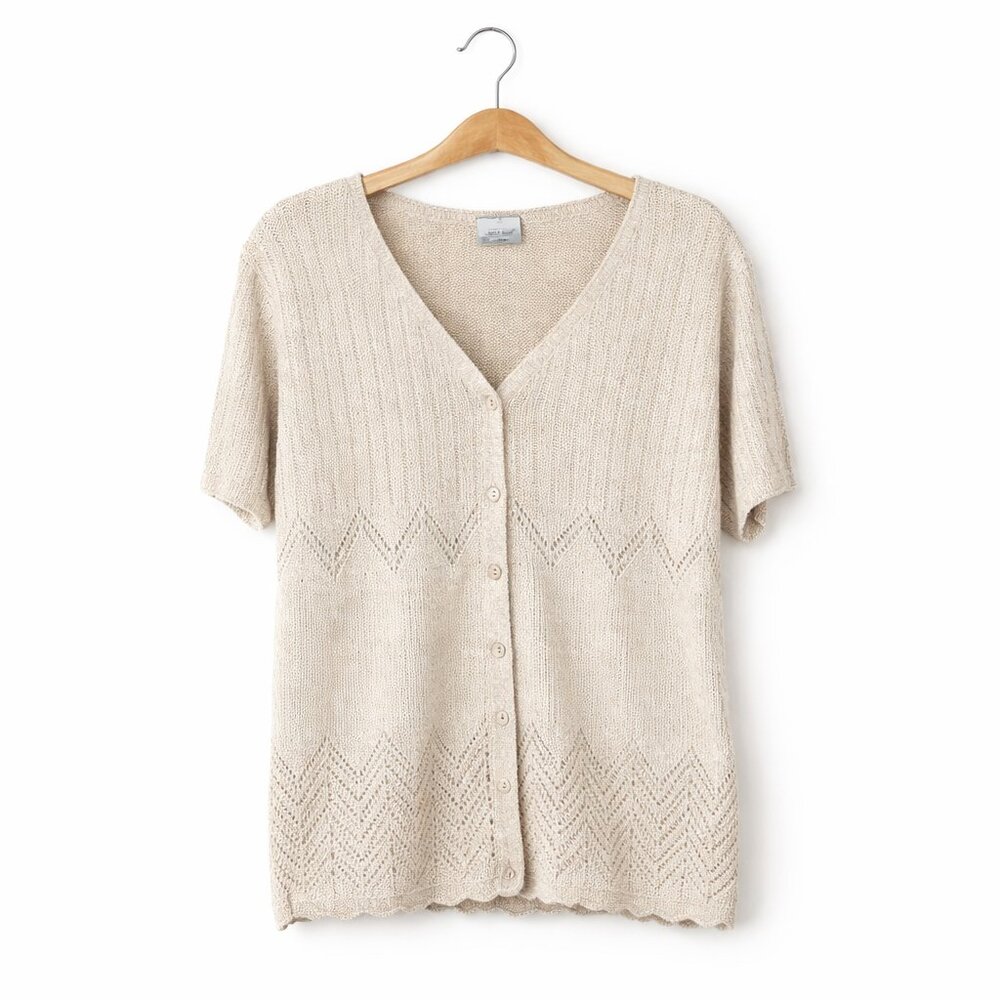 #065 PENMANS | Vintage Light Brown Open Knit Short Sleeve Cardigan - P2P 23
